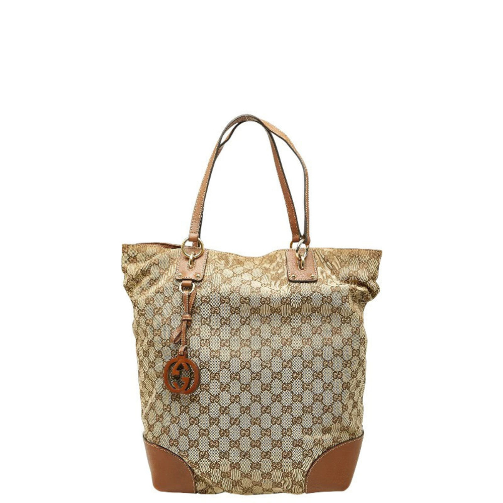 Gucci GG Canvas Tote Bag Shoulder Beige Cream Brown Leather